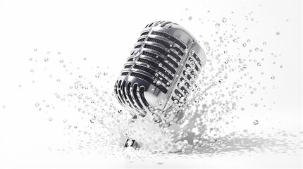Dynamic Silver Vintage Microphone with Splashing Water on Clean White Background, Representing Sound, Music, and Performance