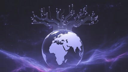 Fototapeta premium Global Network Connectivity A Digital World Interconnected through Technology Circuit Board Emerging from Earth in a Vibrant Cosmic Space Environment