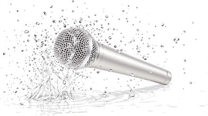 Dynamic Silver Microphone Splashing in Water on White Background, Illustrating Durability and Performance in Audio Technology, Isolated Studio Shot