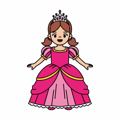 Fototapeta premium Flat illustration of happy little girl dressed as a princess in a beautiful gown, isolated on white background