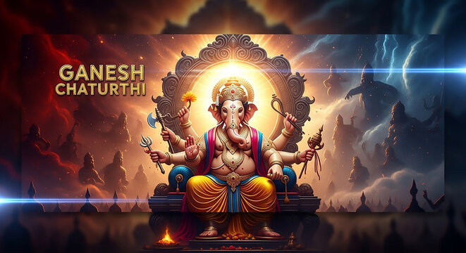 An Epic Ganesh Chaturthi Banner with a Multi-Armed Ganesha
