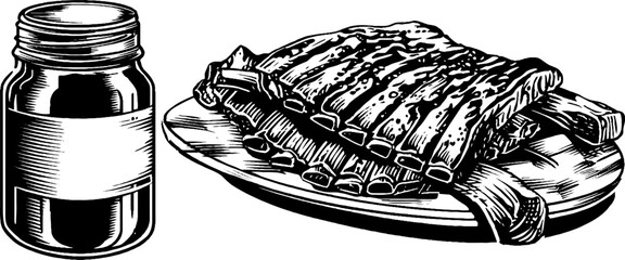 Vintage engraved illustration of pork ribs and barbecue sauce for culinary designs