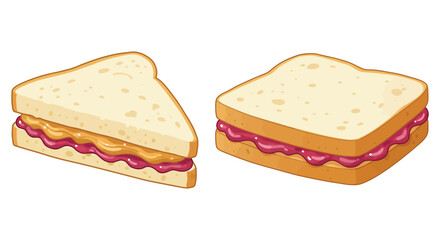 Two Peanut Butter and Jelly Sandwiches Triangle and Square on White Background