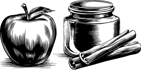 Apple caramel jar with cinnamon. Engraved vintage illustration in hand drawn sketch style.
