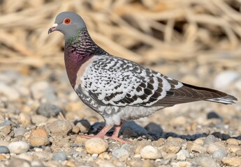 Close-Up of Colorful Pigeon Walking on Gravel Surface