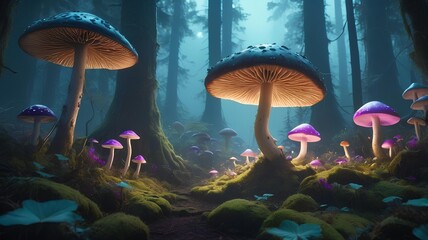 Fototapeta premium A fantasy landscape of a mysterious forest with large, luminous fungi and magical bioluminescent mushrooms at night.