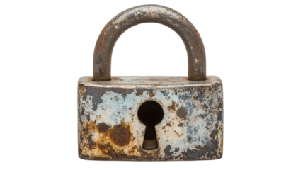 A rusty padlock rests on a surface, revealing age and wear with its distressed appearance and deep keyhole