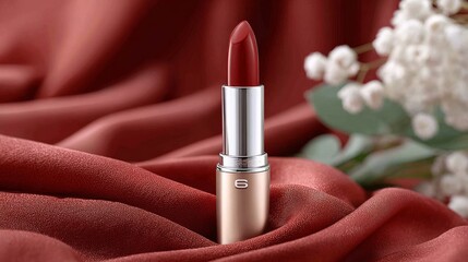 Create stunning monochromatic lipstick branding image with packaging in a minimalist studio environment for impactful visual marketing