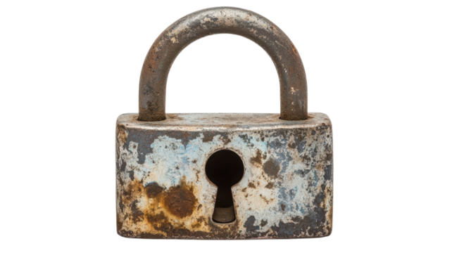 A rusty padlock rests on a surface, revealing age and wear with its distressed appearance and deep keyhole