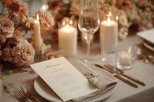 Elegant mockup for design featuring a romantic dinner setup with candles and flowers. Floral wedding menu