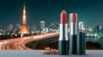 Luminous lipstick application at night urban environment makeup art neon light scene close-up perspective glowing concept