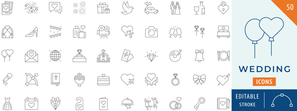 Wedding icon collection set. Editable stroke.
