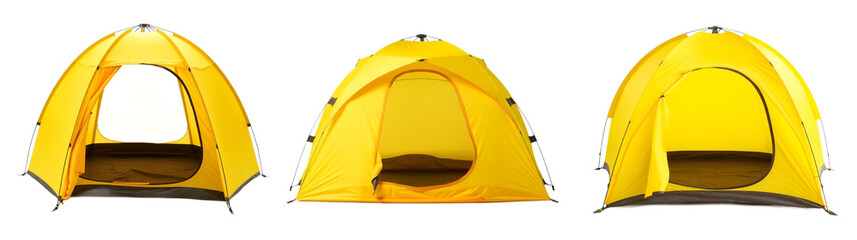 Three angles of yellow camping tent on transparent background