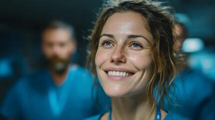 Closeup of a smiling female doctor or nurse in a hospital setting, looking determined and confident