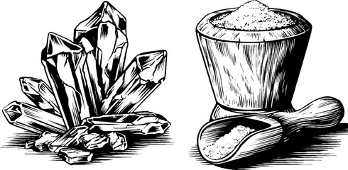 Engraved illustration of salt crystals and mortar for label design and crafts
