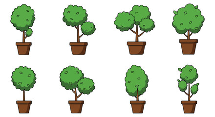 Collection of Cartoon Potted Trees with Green Foliage on White Background