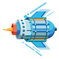 Photo of a futuristic rocket spacecraft with blue fins and orange nose cone, isolated on white background