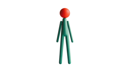 A playful figure with a red head and green body stands tall against a plain background, showcasing its simplicity