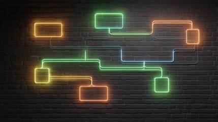 Neon Network Topology Design on Brick Wall Background
