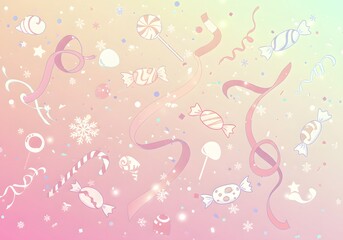 Whimsical pastel candy and ribbon celebration with sparkling confetti and snowflakes