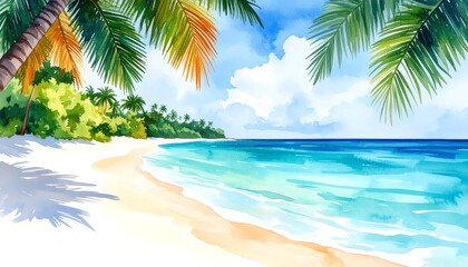 A serene watercolor painting of a tropical beach with turquoise water, a sandy shoreline, and lush palm trees, creating a peaceful and picturesque vacation scene