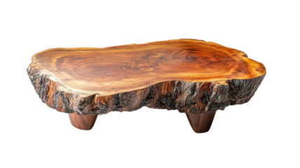 This coffee table has a natural edge and rich wood grain, adding a rustic touch to any living space