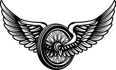 Motorcycle wheel with wings isolated on white background. Design elements for logo, label, emblem,sign. Vector illustration