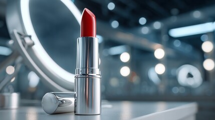 Showcasing a stellar red matte lipstick under spotlight on beauty counter glamorous setting photography close-up vibrant color and elegance