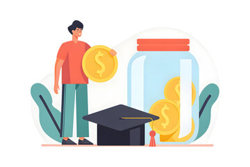 College Savings Strategy A person saves money in a jar for education, shown with coins and a graduation cap. Flat design illustration