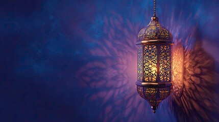 Photorealistic Arabic-style lantern casting warm glow and shadows on wall against blue and purple background with text space.