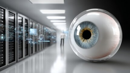 Robotic ai eye monitoring encrypted server room digital security high-tech environment surveillance concept