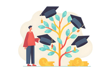College Savings Strategy A person stands by a money tree with graduation caps, symbolizing educational investment and financial growth. Flat design illustration