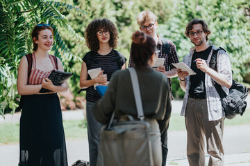 Young adults and their professor engaged in a discussion while holding notebooks, likely students studying outdoors. The setting features outdoor greenery, creating a dynamic educational atmosphere.