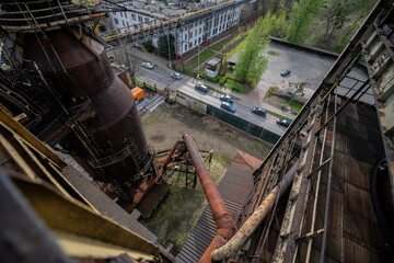 Abandoned Heavy Industrial Ruins with Large Blast Furnace in Steelworks