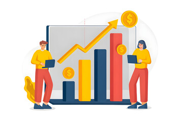 College Savings Strategy Two people with laptops analyze rising bar charts and coins, symbolizing business growth and financial success. Flat design illustration