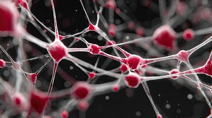 Neural network, vibrant red nodes, intricate connections