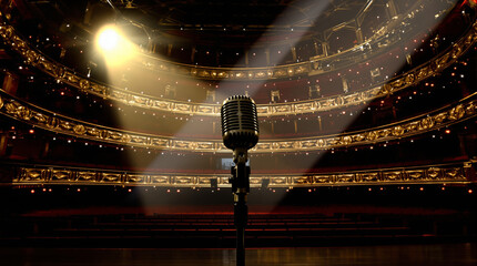 Vintage Microphone on Empty Stage in Ornate Theater with Dramatic Spotlight, Ready for Performance