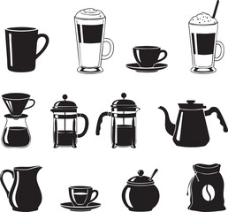 Isolated need different type  A coffee set vector art silhouette with white background