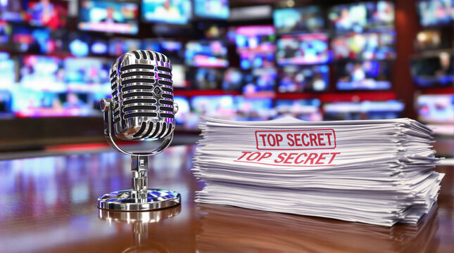 Vintage Microphone and Stack of 'Top Secret' Documents on a Desk in a Newsroom Setting, Symbolizing Classified Information, Leaks, and Media Broadc... - Powered by Adobe