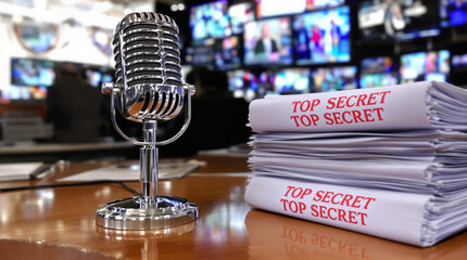 Vintage Microphone and Stack of Top Secret Documents in a Broadcast Setting, Symbolizing Confidential Information and Public Disclosure