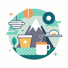 Cozy mountain morning with coffee and breakfast illustration