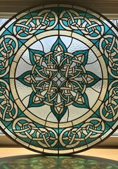 Intricate knotwork design in stained glass creating a mesmerizing circular artwork