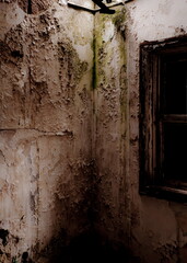 An interior corner of a dilapidated room with peeling paint and a dark window.