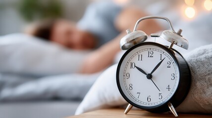 resting alarm clock Silver on wooden nightstand, showing early morning time while woman sleeping soundly nearby, capturing peaceful bedroom moment