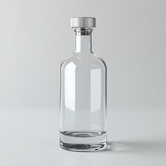 Round clear glass bottle with silver cap, elegant design.