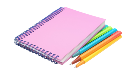 Bright pens sit next to a pink notebook, perfect for notes, sketches, and creative projects at home or school