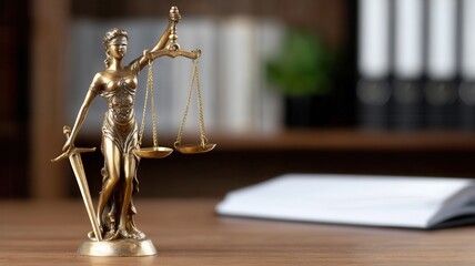 Lady justice statue is standing on a lawyer's desk, holding scales processes a sword, symbolizing law, justice, and legal and