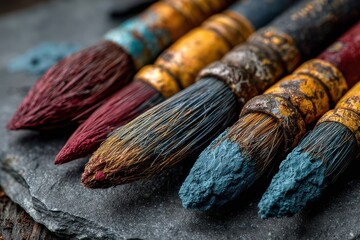 Used colorful paintbrushes on a dark stone surface, artistic tools