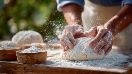 Fototapeta premium Baker kneading dough on a wooden the flour flying in board, air, creating a dynamic scene of culinary creation