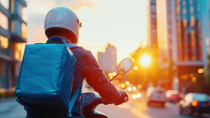 and delivery worker riding scooter along Food street, golden sunset silhouetting urban movement busy modern commuting lifestyle